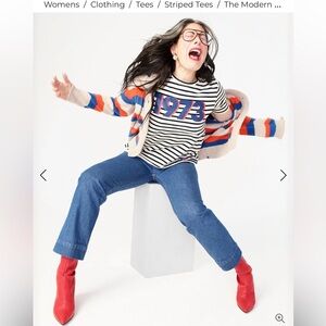 Kule x Prinkshop Modern 1973 Striped T-Shirt Size Small Cream Navy Graphic Tee